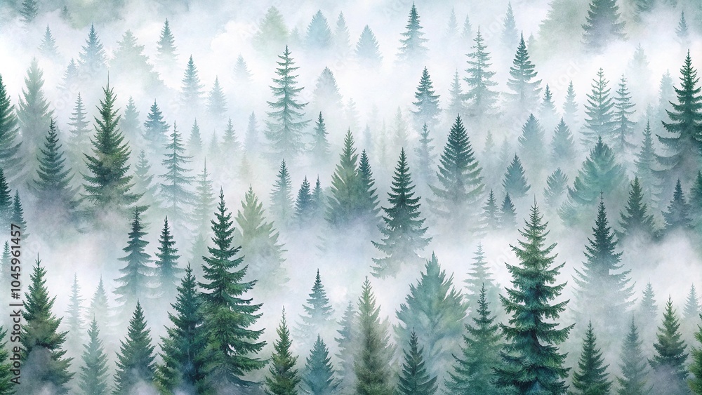 Obraz premium Watercolor spruce forest in fog seamless pattern