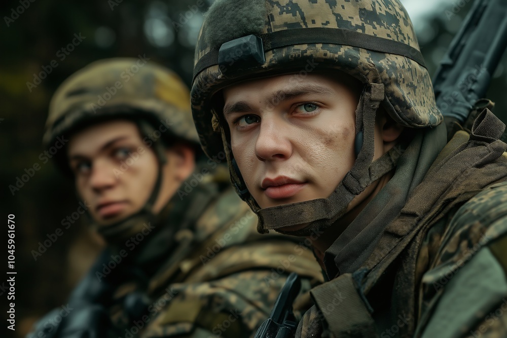 Close-up of two soldiers alert in camouflage and armor seated, scanning environment. Close-up of two soldiers alert in camouflage and armor seated, scanning environment.