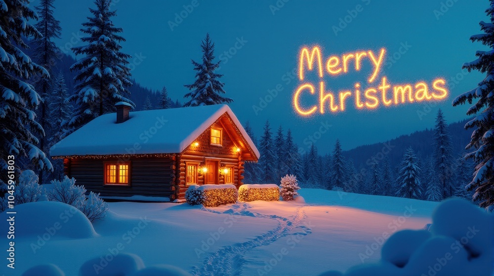 Cozy snow-covered cabin in a winter forest with glowing Cozy snow-covered cabin in a winter forest with glowing