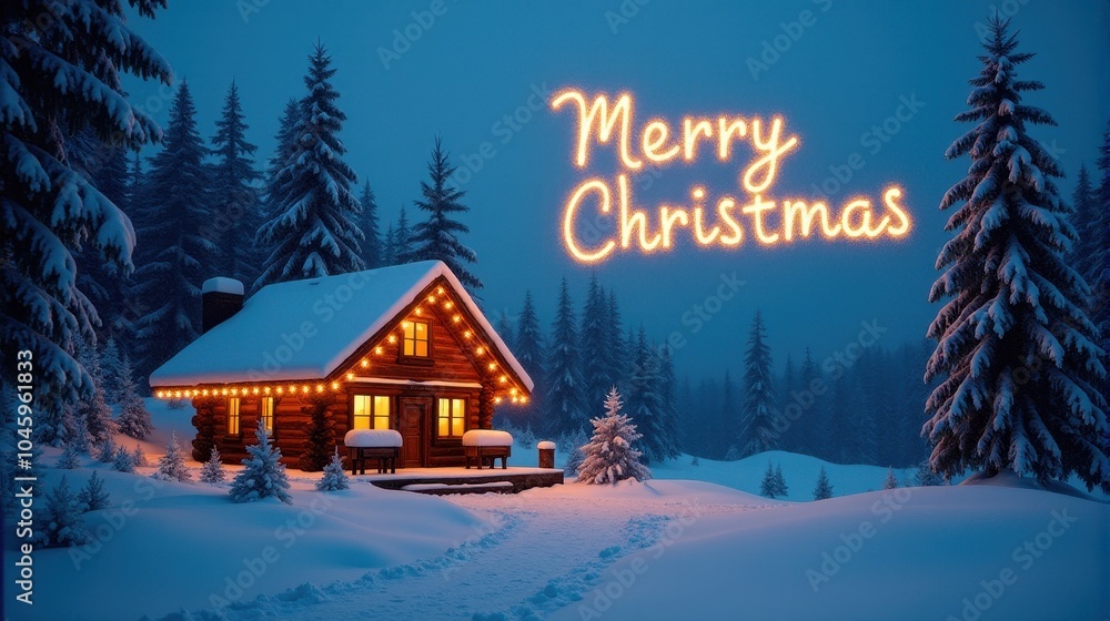 Fototapeta premium A cozy log cabin illuminated with warm lights stands amidst a snowy forest, complemented by a bright
