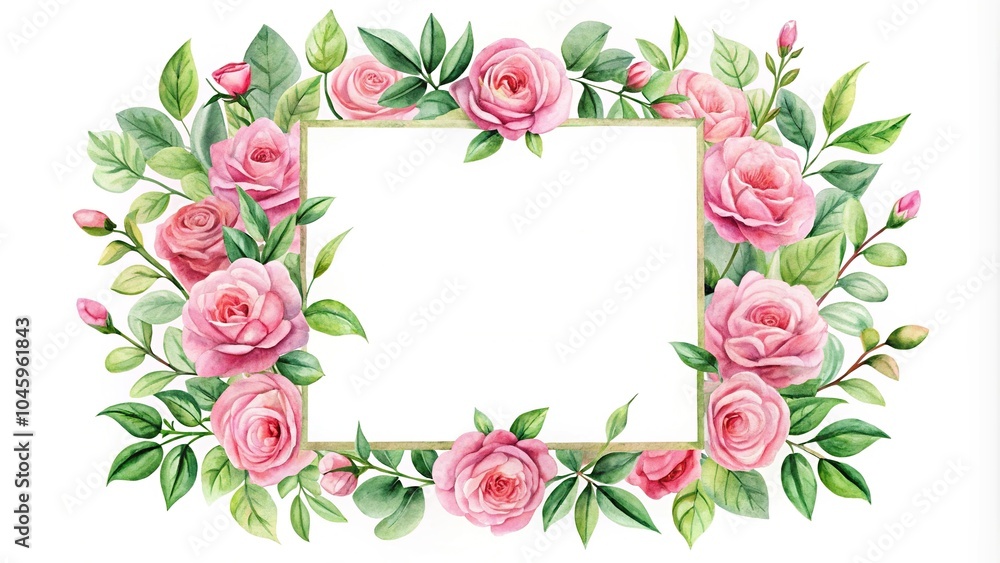 Watercolor square frame pink roses leaves white background minimalist Watercolor square frame pink roses leaves white background minimalist
