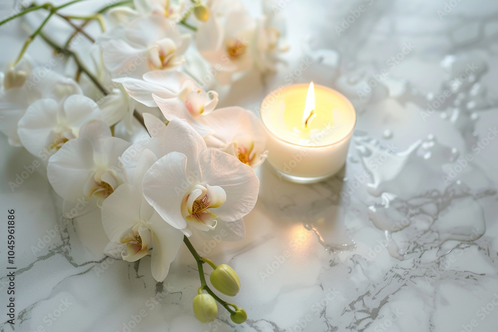 A candle is lit next to a bouquet of white flowers A candle is lit next to a bouquet of white flowers