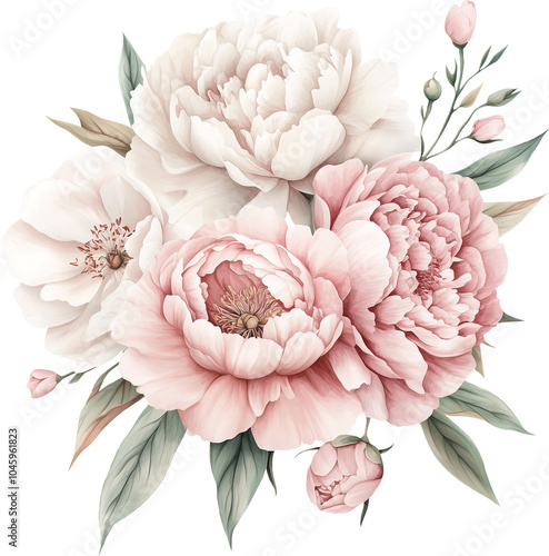 Watercolor blush pink flowers. Pink floral bouquet. Generative AI. 