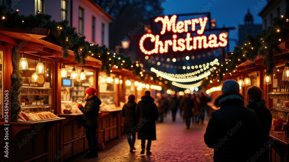 Fototapeta premium Festive Christmas market at night, adorned with bright lights and bustling with warmly-dressed people, creating a magical holiday atmosphere.