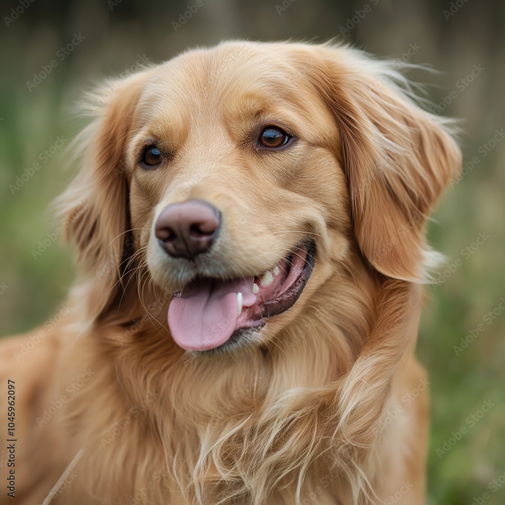 A golden retriever with a cheerful expression looks content in an outdoor setting filled with lush greenery. A golden retriever with a cheerful expression looks content in an outdoor setting filled with lush greenery.