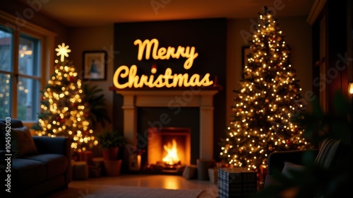 Cozy living room with glowing Christmas trees, a roaring fireplace, and a neon "Merry Christmas" sign, perfect for festive holiday warmth.