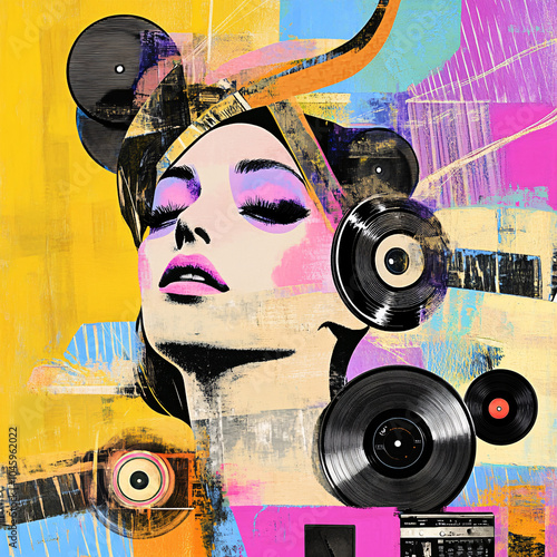 Collage of retro elements, including a vintage record, vinyl discs, and old speakers. Concept of music and party, poster design in the style of pop art. Woman's portrait in the background