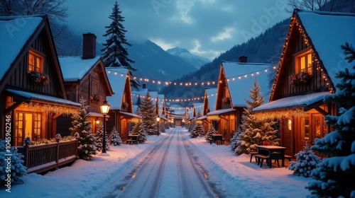 Wallpaper Mural Charming winter village street adorned with festive lights, snow-covered cottages, and a tranquil mountainous backdrop, creating a magical holiday atmosphere. Torontodigital.ca