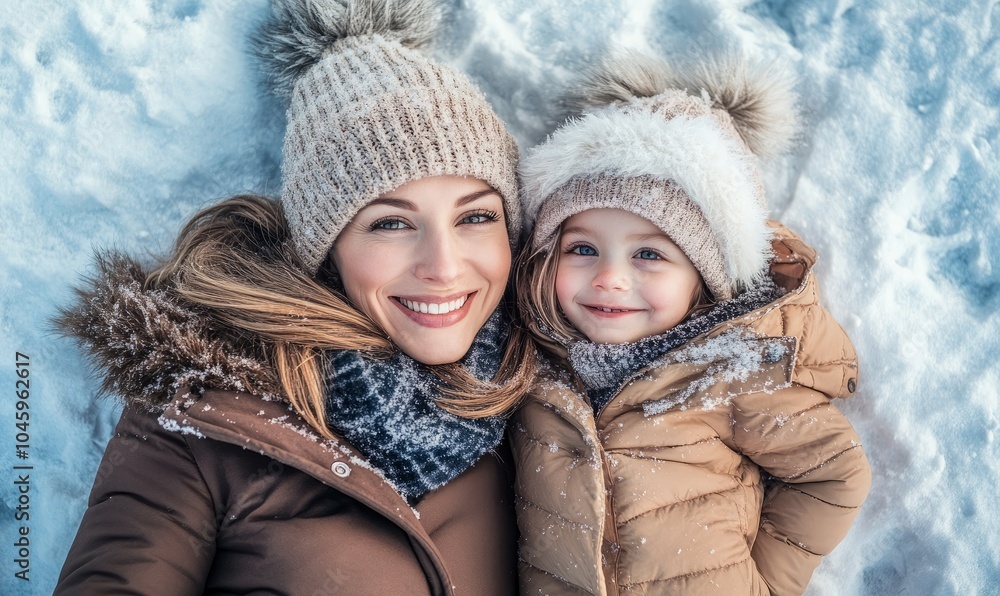 Top view portrait of cheerful mother with small daughter lying in snow in winter nature Top view portrait of cheerful mother with small daughter lying in snow in winter nature