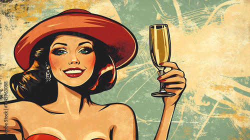 Collage of retro elements, including a vintage record, vinyl discs, and old speakers. Concept of music and party, poster design in the style of pop art. Woman's portrait in the background