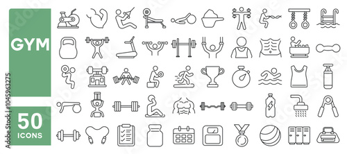 Set of 50 line icons related to gym, training, exercise, workout, equipment, fitness, dumbbell, Editable stroke. Vector illustration