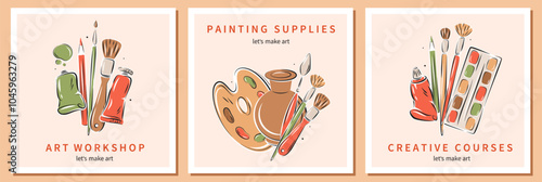 Creative courses, Art school. Set card with art supplies, creative hobby accessories. Collection of painting related icons, various painting tools. Vector illustration for banner, cover, advertisement