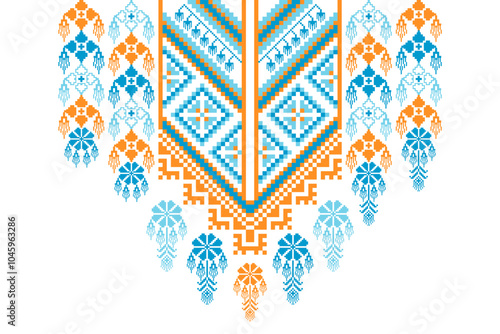 Pixel Art Textile Geometric Ethnic oriental pattern.Pixel Art Textile traditional necklace design for women clothing