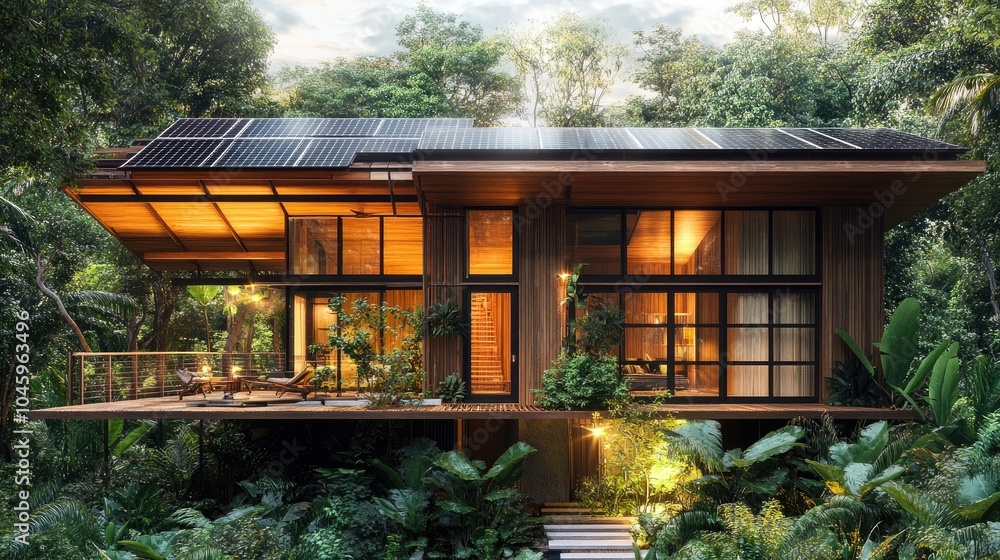 Contemporary wooden home with solar panels surrounded by lush greenery, emphasizing sustainable living Contemporary wooden home with solar panels surrounded by lush greenery, emphasizing sustainable living