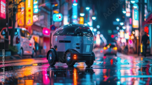 In a vibrant cityscape, a food delivery robot whirs down the street, illuminated by the neon glow of evening signs. photo