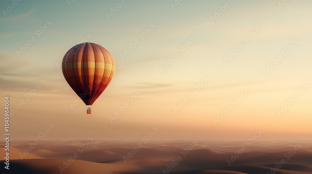 Naklejka premium A hot air balloon soaring over desert sand dunes at sunset, with scattered clouds above