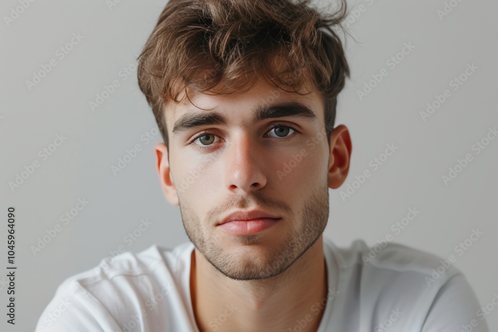 Fototapeta premium Close-up headshot of a young man with a confident expression, focused and serious in a neutral indoor setting