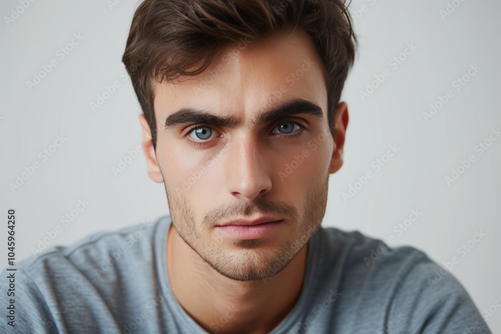 Confident young man gazes intensely with a serious expression during an intimate portrait session in a minimalist studio setting Confident young man gazes intensely with a serious expression during an intimate portrait session in a minimalist studio setting
