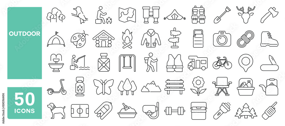 Set of 50 line icons related to outdoor, campfire, hiking, activities, park, picnic, lake, walk, tent, caravan, Editable stroke. Vector illustration Set of 50 line icons related to outdoor, campfire, hiking, activities, park, picnic, lake, walk, tent, caravan, Editable stroke. Vector illustration