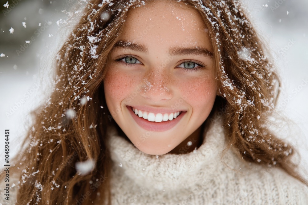 A young woman with a radiant smile stands amidst a gentle snowfall, her hair adorned with snowflakes, portraying serene beauty and contentment amid nature. A young woman with a radiant smile stands amidst a gentle snowfall, her hair adorned with snowflakes, portraying serene beauty and contentment amid nature.