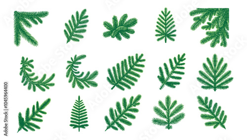 Christmas tree New Year branches, vector set of green branches with needles on a transparent background.