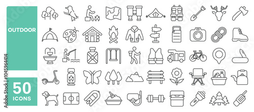Set of 50 line icons related to outdoor, campfire, hiking, activities, park, picnic, lake, walk, tent, caravan, Editable stroke. Vector illustration