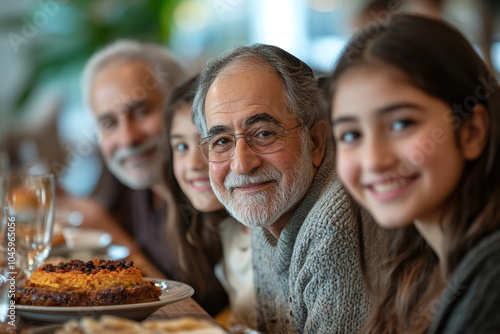 Family Gathering: A multigenerational family gathered around the table, smiling and sharing stories during the Rosh Hashanah meal.