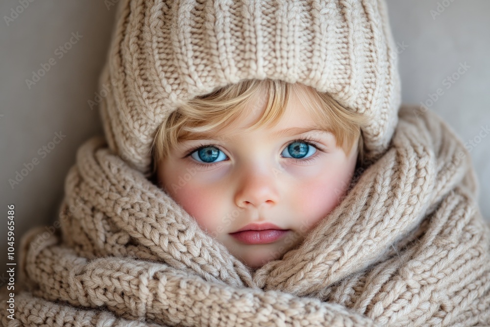 An adorable child bundled in an oversized knit hat and scarf, with striking blue eyes peeking out, surrounded by warmth and comfort during a chilly day. An adorable child bundled in an oversized knit hat and scarf, with striking blue eyes peeking out, surrounded by warmth and comfort during a chilly day.