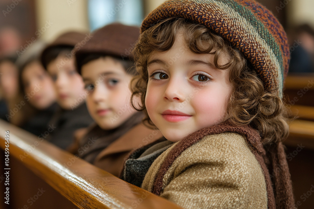 Naklejka premium Jewish Children at Synagogue: Children dressed in holiday clothes, sitting quietly at the synagogue during Rosh Hashanah prayers.