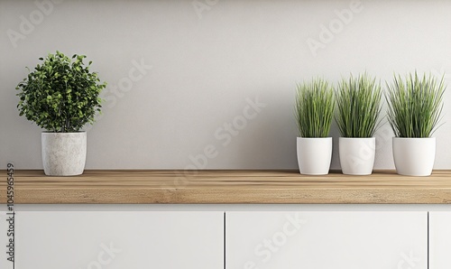 White cabinet with wooden countertop and greenery in a pot