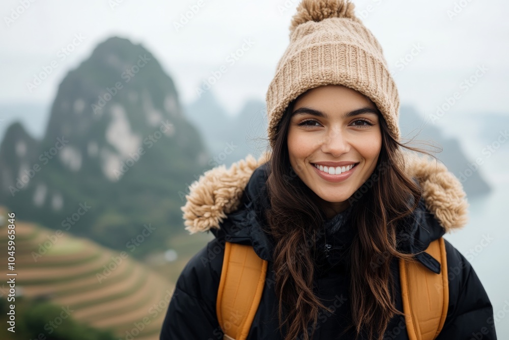 Smiling woman in a knitted hat and jacket poses with a majestic mountain view in the background, exuding adventurer spirit amidst nature's tranquility. Smiling woman in a knitted hat and jacket poses with a majestic mountain view in the background, exuding adventurer spirit amidst nature's tranquility.