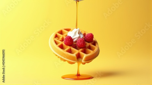 Golden waffle with raspberries and whipped cream drizzled with syrup, set against a vibrant yellow background. photo