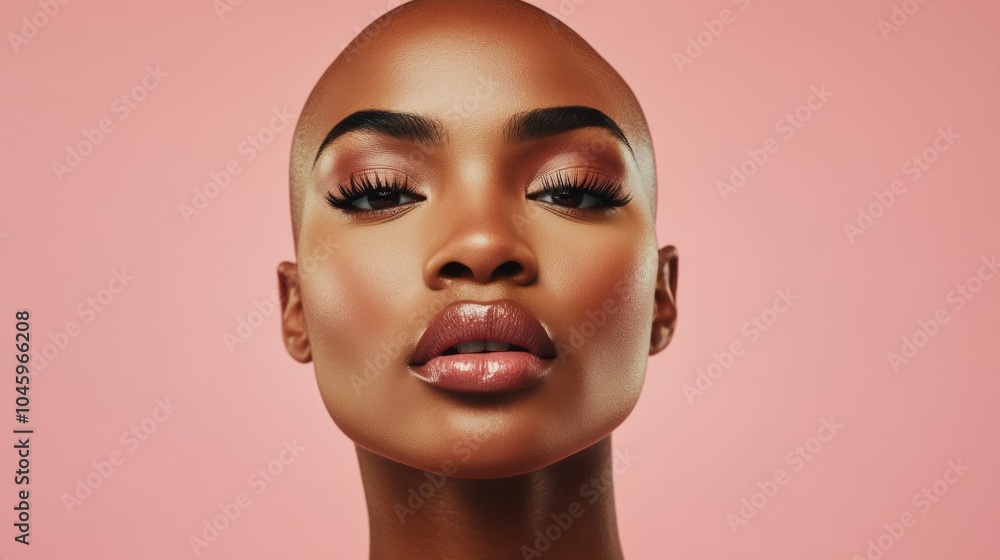 Close-up portrait of a beautiful light-skinned African woman with a bald head, glossy lips, and volumized lashes, elegant makeup, standing out against a soft pink background Close-up portrait of a beautiful light-skinned African woman with a bald head, glossy lips, and volumized lashes, elegant makeup, standing out against a soft pink background