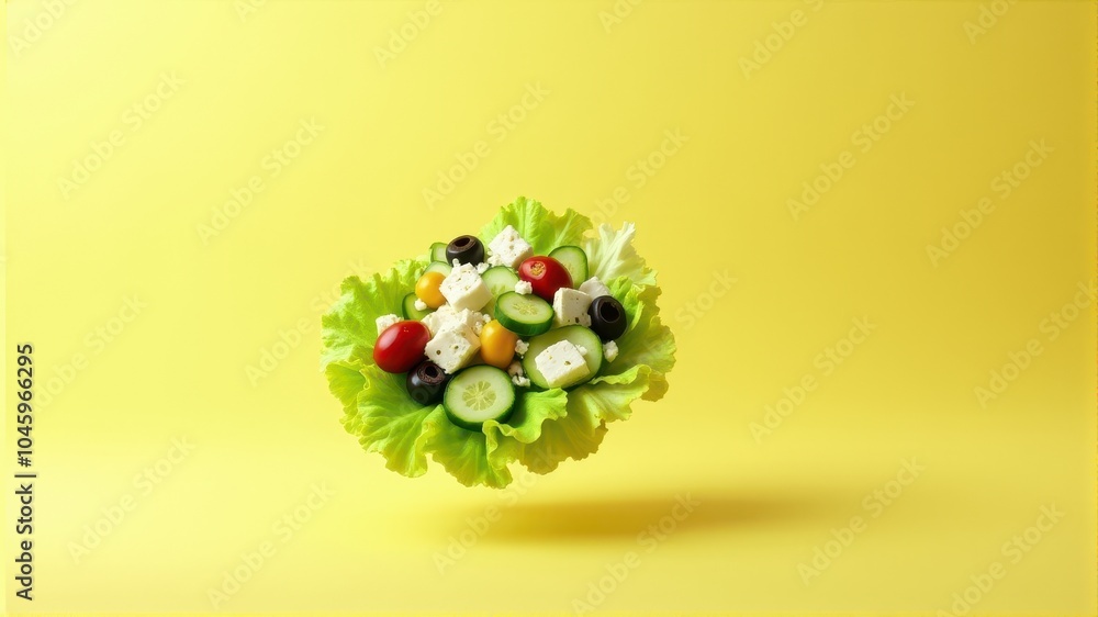 A vibrant fresh salad with lettuce, cherry tomatoes, cucumbers, olives, and feta cheese on a bright yellow background. A vibrant fresh salad with lettuce, cherry tomatoes, cucumbers, olives, and feta cheese on a bright yellow background.