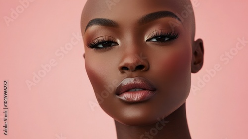 Close-up portrait of a beautiful bald African woman with glossy lips, volume lashes, and elegant makeup against a soft pink background, with copy space 