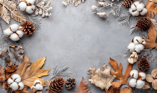 Winter composition. Dried leaves, cotton flowers, berries, pine cones on gray background. Autumn, fall, winter concept. Flat lay, top view, copy space