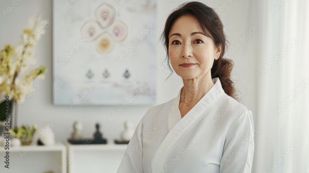 Elegant South Korean woman standing confidently in a bright aesthetic clinic, wearing a professional uniform, with flawless skin and a serene expression Elegant South Korean woman standing confidently in a bright aesthetic clinic, wearing a professional uniform, with flawless skin and a serene expression