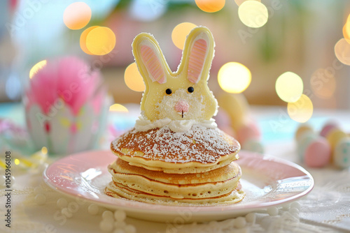 A plate of pancakes with a rabbit on top photo