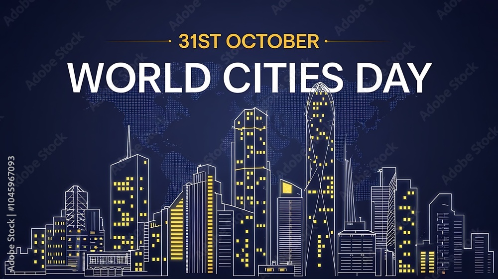 High-Quality Digital Illustration of a Night City Skyline with Glowing Yellow Windows, Modern Skyscrapers, and Text for World Cities Day on 31st October High-Quality Digital Illustration of a Night City Skyline with Glowing Yellow Windows, Modern Skyscrapers, and Text for World Cities Day on 31st October