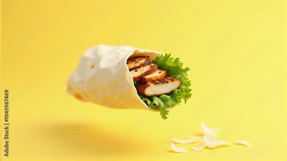 Grilled chicken wrap with fresh lettuce on a vibrant yellow background, showcasing a delightful mix of textures and flavors. Grilled chicken wrap with fresh lettuce on a vibrant yellow background, showcasing a delightful mix of textures and flavors.