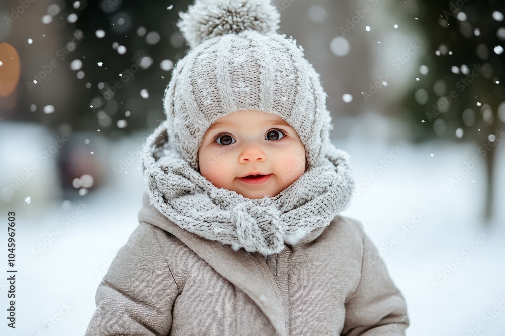 A cheerful baby dressed in cozy gray knitwear gazes happily at falling snowflakes, capturing the innocent wonder and beauty of a chilly winter day. A cheerful baby dressed in cozy gray knitwear gazes happily at falling snowflakes, capturing the innocent wonder and beauty of a chilly winter day.