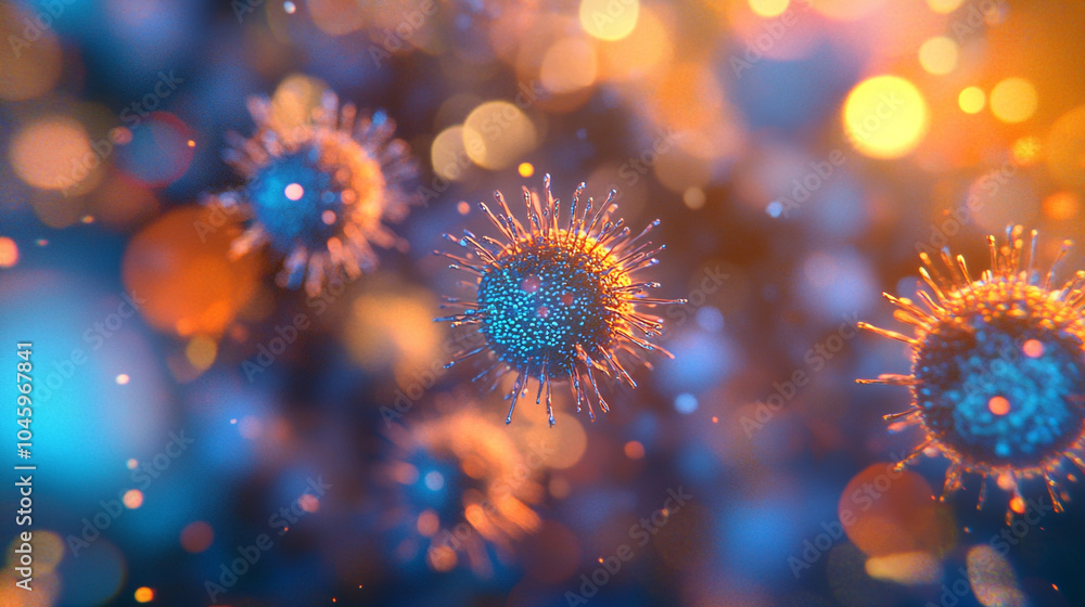 Microscopic Virus Particle with Bokeh Background Medical Illustration Microscopic Virus Particle with Bokeh Background Medical Illustration