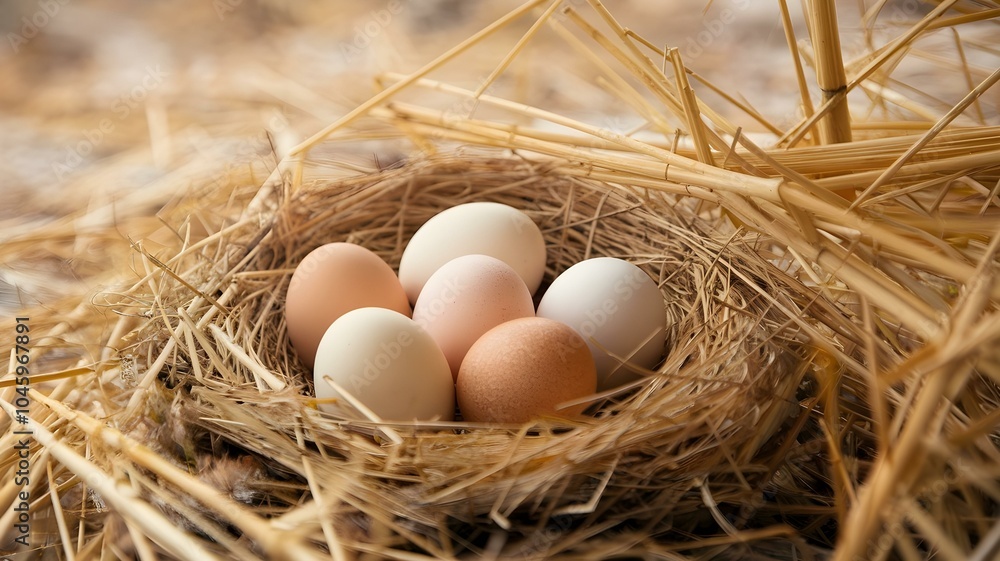 Serene Nest of Fresh Eggs: A Close-Up Image Capturing Various Shades of Eggs Nestled Comfortably in a Straw Nest, Symbolizing Nature, Freshness, and Farm Life Serene Nest of Fresh Eggs: A Close-Up Image Capturing Various Shades of Eggs Nestled Comfortably in a Straw Nest, Symbolizing Nature, Freshness, and Farm Life