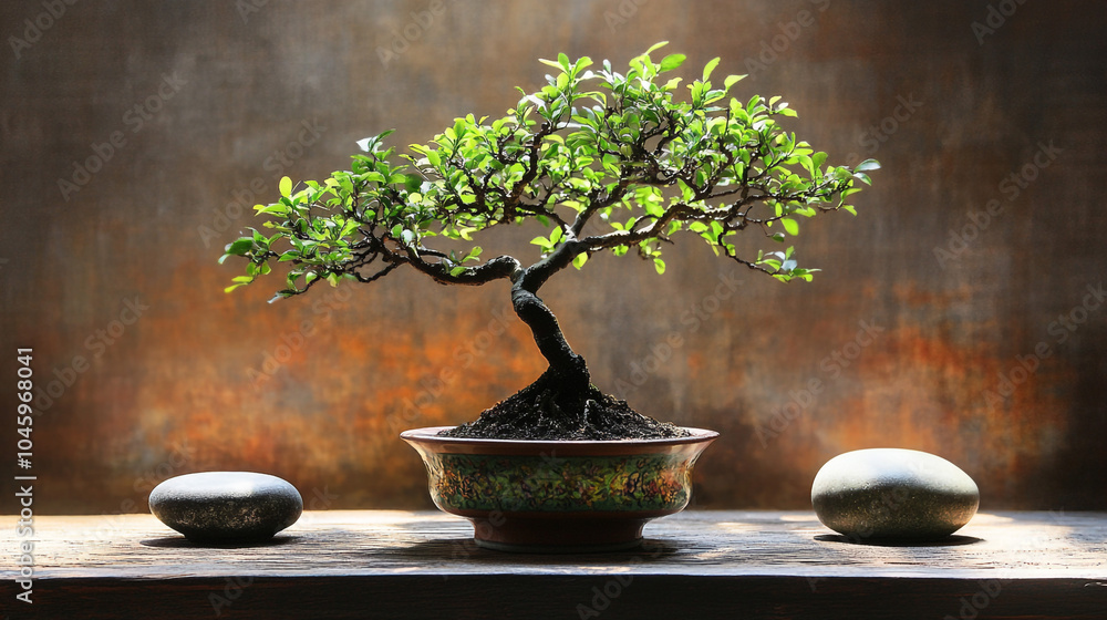 Bonsai Tree with Stones on Wooden Table Zen Garden Tranquility Minimalist Japanese Cul Bonsai Tree with Stones on Wooden Table Zen Garden Tranquility Minimalist Japanese Cul
