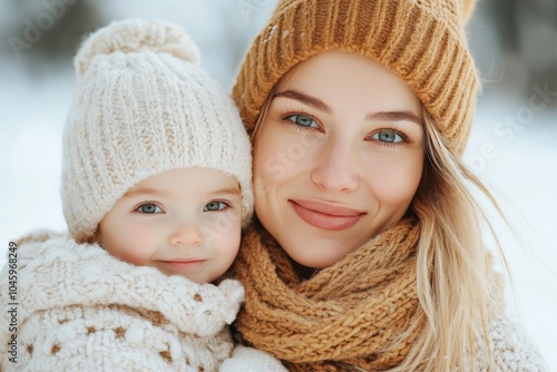 A mother and her baby, blissfully warm in thick knit hats, pose in a serene snowy landscape, their gentle smiles radiating love and warmth amidst the cold.