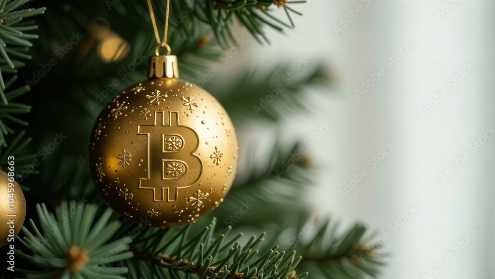 Christmas tree ornament in the form of a golden ball with the Bitcoin logo, hanging on a green tree branch. white background Christmas tree ornament in the form of a golden ball with the Bitcoin logo, hanging on a green tree branch. white background