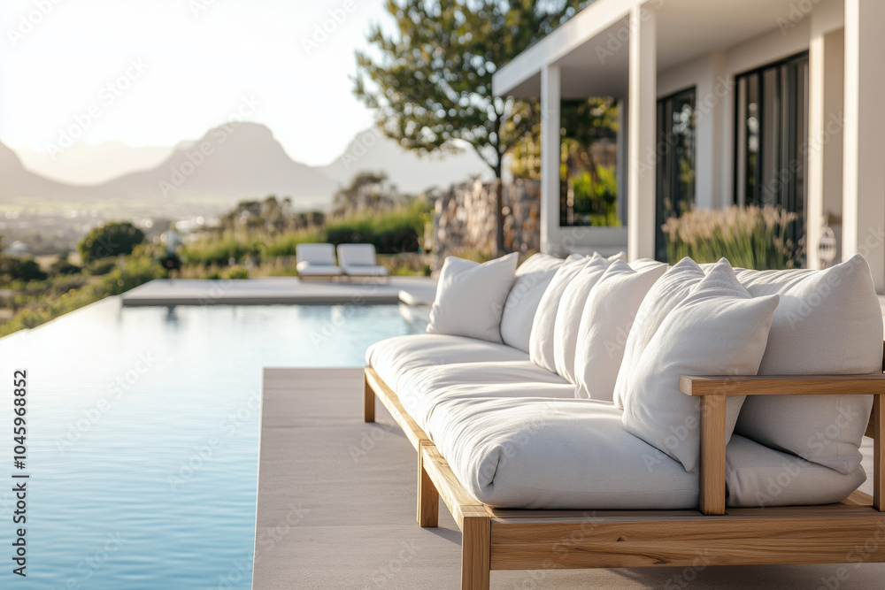 Outdoor pool area with modern furniture, surrounded by garden with plants and trees Outdoor pool area with modern furniture, surrounded by garden with plants and trees