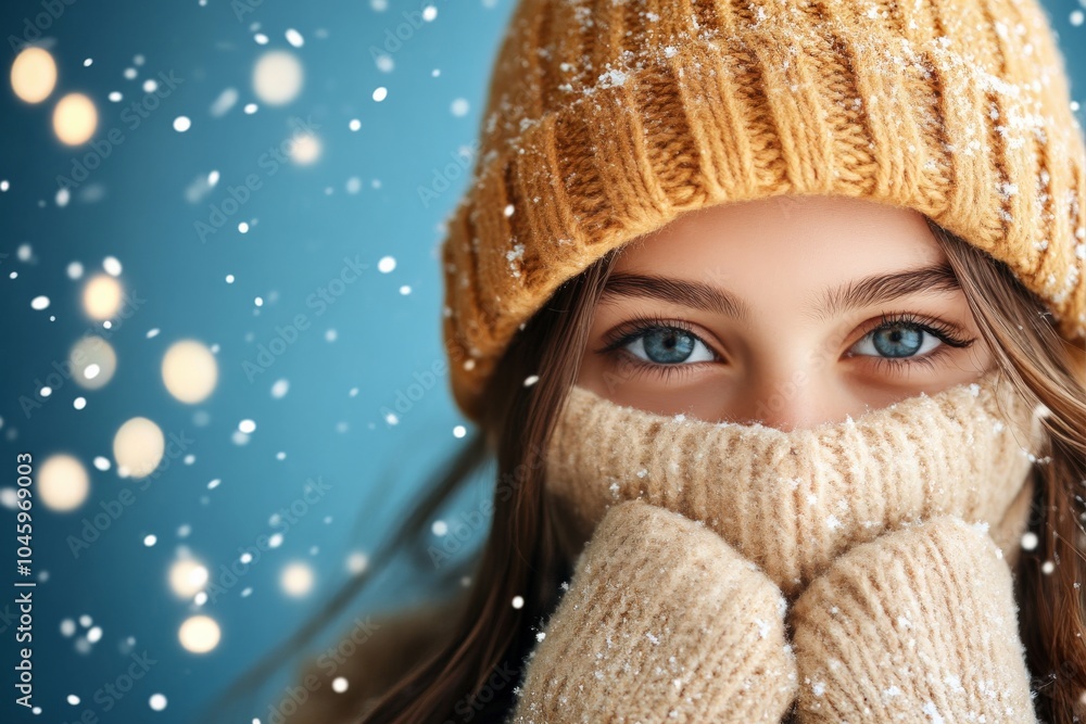 A woman, warmly dressed in an orange knit hat and scarf, peers with serene eyes amid falling snow, showcasing the harmony of nature and personal peace. A woman, warmly dressed in an orange knit hat and scarf, peers with serene eyes amid falling snow, showcasing the harmony of nature and personal peace.