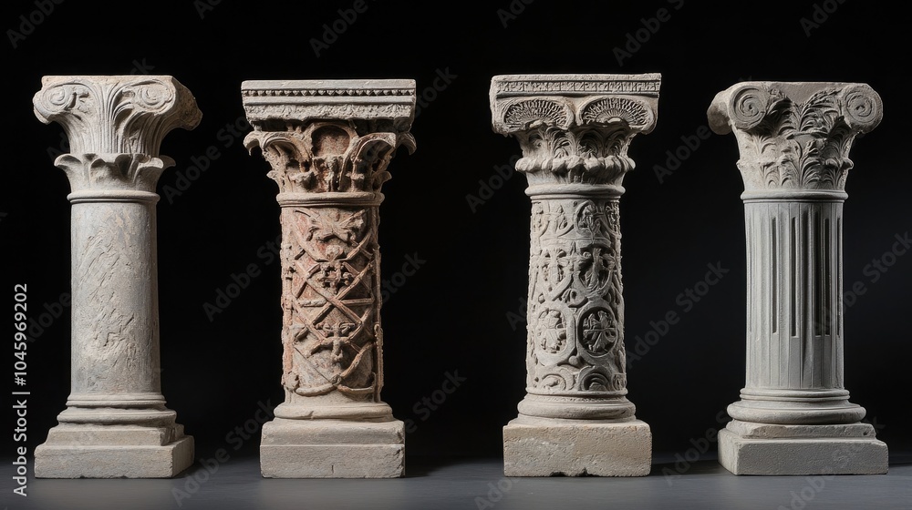Five ancient stone columns with intricate detailing Five ancient stone columns with intricate detailing