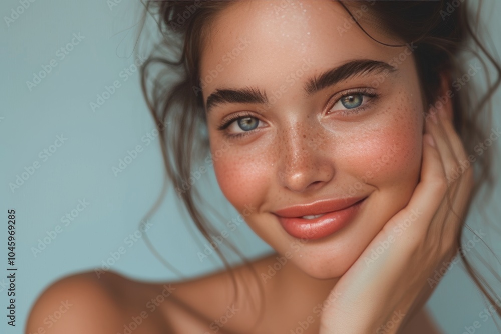 A joyful young woman with glowing skin smiling warmly against a soft blue background while gently touching her face A joyful young woman with glowing skin smiling warmly against a soft blue background while gently touching her face